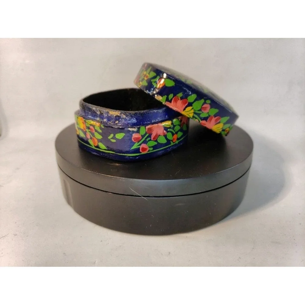 Handcrafted Kashmiri Floral Design Trinket Box Small Blue - Picture 3 of 11